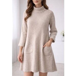 The Territory Ahead CreamBeige Lambswool Blend  Ribbed Mock Neck Sweater Dress L